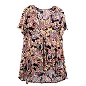 Paisley Grace Tunic Top Women's L Boho Disco Flower Power Psychedelic Knot Hem
